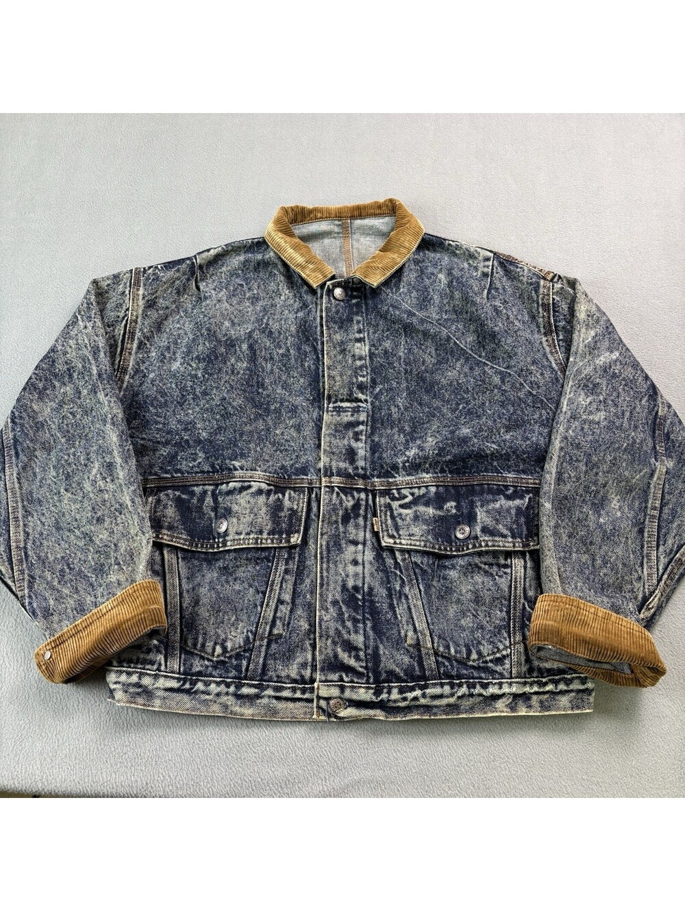 Vintage 90s Levi’s Acid Wash Corduroy Collar Denim Jean Jacket XL Buckle Back